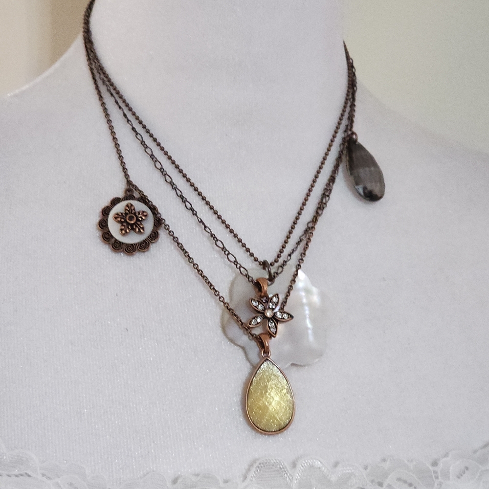 Multi-Layered Charm Necklace with Shell, Rhinestones and Copper Toned Accents